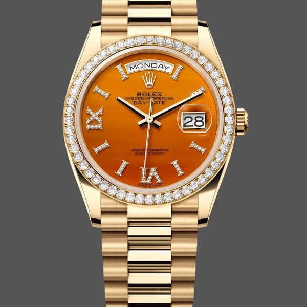 Super Clone Men's Rolex Day Date 36-M128345RBR 0068, Everose Gold, Diamonds Bezel, Oyster, Green & Blue