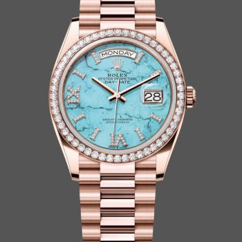 Super Clone Women's Rolex Day‑Date 36-m128345rbr 0064, Rose Gold, Turquoise Diamond‑Set Roman Dial, Diamond Bezel Turquoise Dial