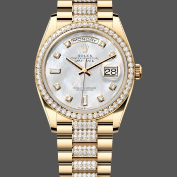 Super Clone Women's Rolex Day-Date 36mm Yellow Gold Diamond Bezel MOP Dial - M128348RBR 0019 MOP Dial