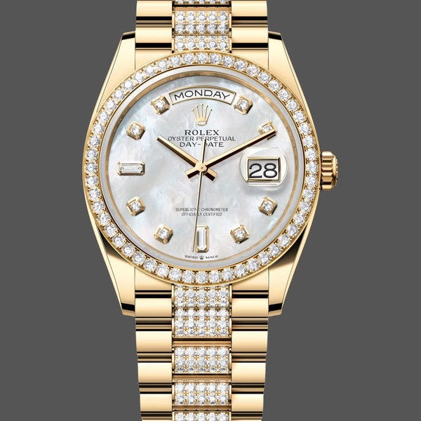 Super Clone Women's Rolex Day-Date 36mm Yellow Gold Diamond Bezel MOP Dial - M128348RBR 0019 MOP Dial