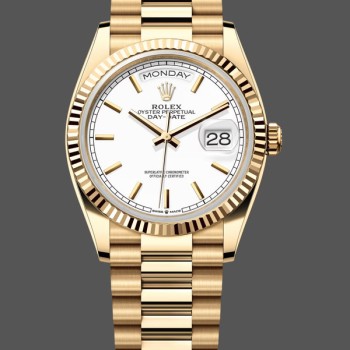 Super Clone Unisex's Rolex Day-Date 36mm Unisex-128238 0081-Fluted Bezel-White Index Dial White