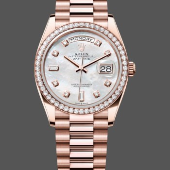 Super Clone Unisex's Rolex Day-Date 36mm Unisex-128345RBR 0028-Mother of Pearl White Dial-Everose Gold MOP