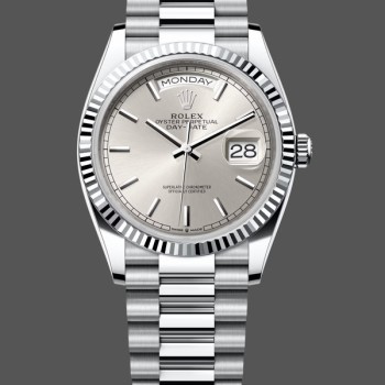 Super Clone Women's Rolex Day‑Date 36-128236 0001, Platinum & White Gold, Silver Index Silver Dial