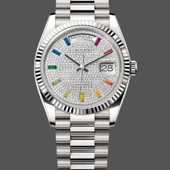 Super Clone Unisex's Rolex Day Date 36-128239 0016, White Gold, Pave Rainbow Diamond Dial, Diamond Dial
