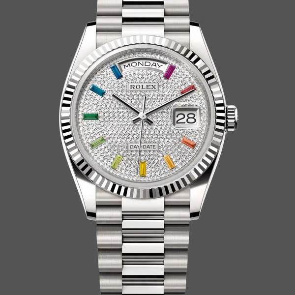 Super Clone Unisex's Rolex Day Date 36-128239 0016, White Gold, Pave Rainbow Diamond Dial, Diamond Dial
