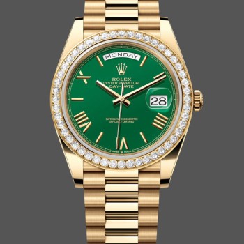 Super Clone Men's Rolex Day Date 40-M228348RBR 0040, 18K Yellow Gold, Green Dial, Diamond Bezel, Men’s Green