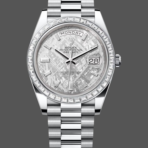 Super Clone Men's Rolex Day‑Date 40-M228396TBR 0027, Platinum, Meteorite Diamond Dial, Men’s Grey Dial