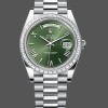 Super Clone Men's Rolex Day Date 40-M228396TBR 0020, Platinum, Olive Green Dial, Diamond Bezel, Green