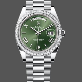 Super Clone Men's Rolex Day Date 40-M228396TBR 0020, Platinum, Olive Green Dial, Diamond Bezel, Green