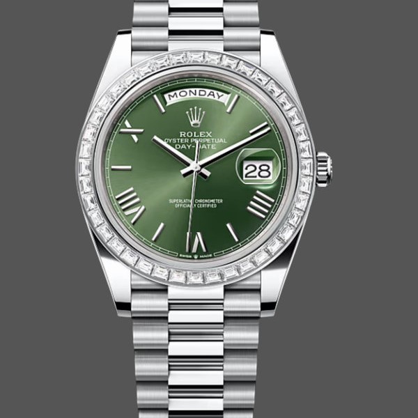 Super Clone Men's Rolex Day Date 40-M228396TBR 0020, Platinum, Olive Green Dial, Diamond Bezel, Green