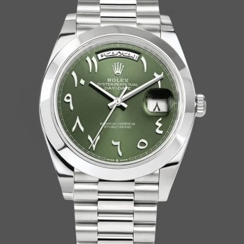 Super Clone Men's Rolex Day‑Date 40-228206, Arabic, Platinum, Olive Dial, Green Dial