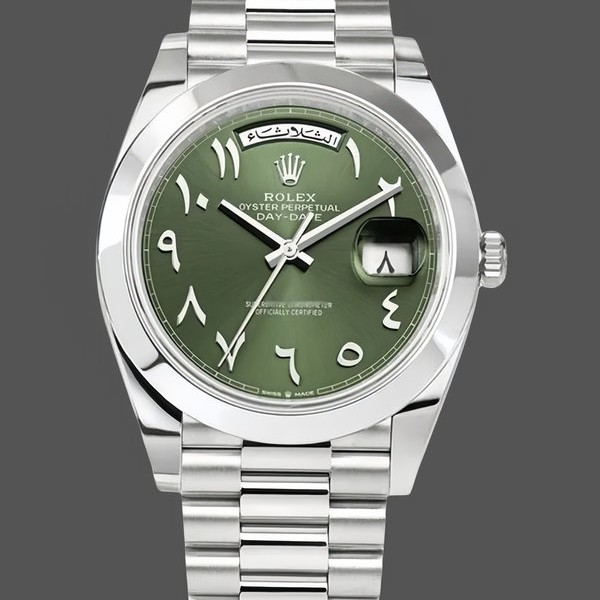 Super Clone Men's Rolex Day‑Date 40-228206, Arabic, Platinum, Olive Dial, Green Dial
