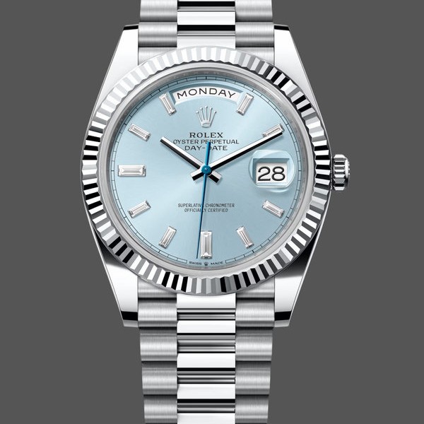 Super Clone Men's Rolex Day Date 40-228236 0006, Platinum, Ice Blue Baguette Dial, Ice Blue