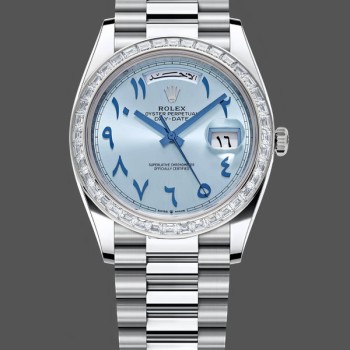 Super Clone Men's Rolex Day-Date Platinum Ice Blue Arabic Dial Diamond Bezel 228396TBR 40MM Ice Blue Dial