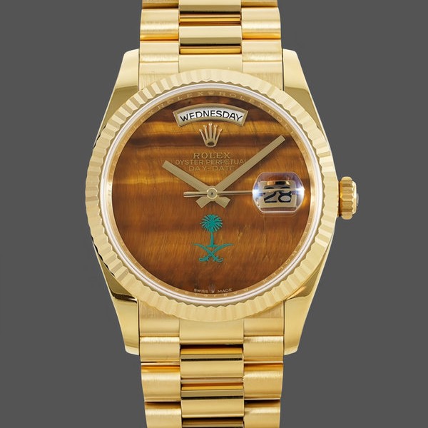 Super Clone Women's Rolex Day‑Date 36-36mm, Sapphire Mirror, Tiger’s Eye Dial, President, Yellow Dial
