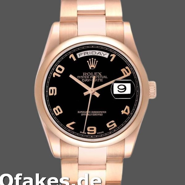 Super Clone Unisex's Rolex President Day-Date 36mm Unisex-118205-Rose Gold-Black Dial Black