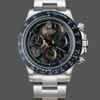 Super Clone Men's Rolex Daytona-116520 ADG, Skeleton Dial, Steel Bracelet & Case, Black Skeleton