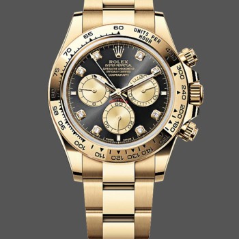 Super Clone Men's Rolex Cosmograph Daytona-126508 0003, Yellow Gold, Black Dial, Black