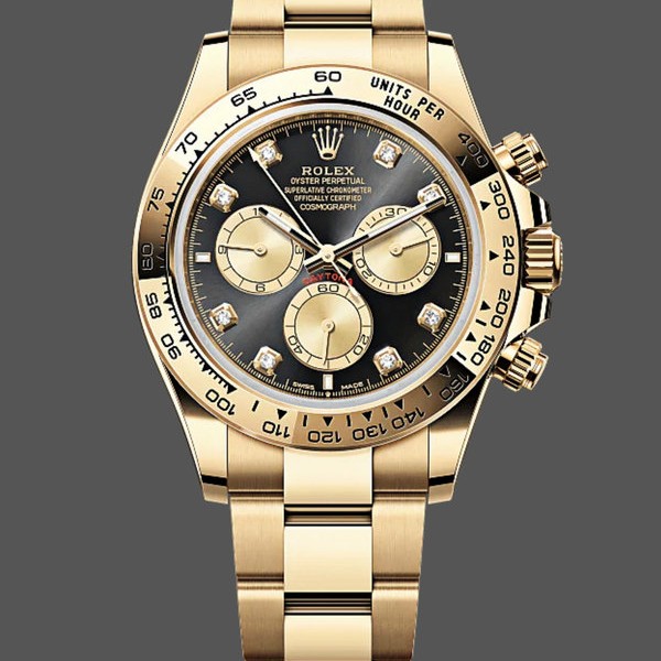 Super Clone Men's Rolex Cosmograph Daytona-126508 0003, Yellow Gold, Black Dial, Black