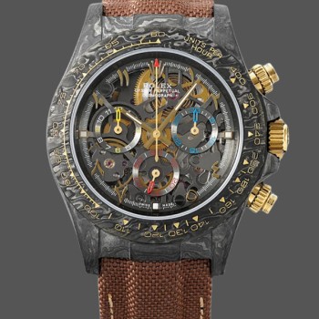 Super Clone Men's Rolex Daytona Cosmograph DIW Carbon Case Skeleton Dial Brown Strap Skeleton