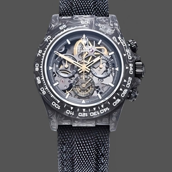 Super Clone Men's Rolex Daytona DIW, Carbon Fiber Skeleton, Black, Skeleton