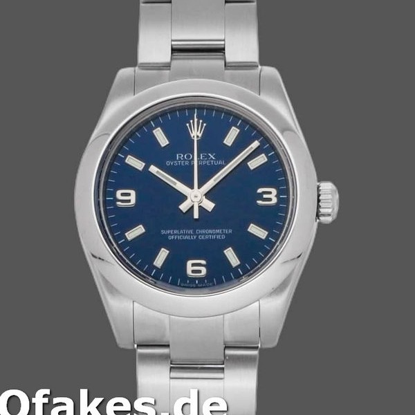 Super Clone Women's Rolex Oyster Perpetual 31mm Women's-177200-Blue Arabic Dial-Domed Bezel Blue