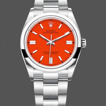 Super Clone Unisex's Rolex Oyster Perpetual-126000 0007, Oystersteel, Coral Red Dial, Oyster Bracelet Red