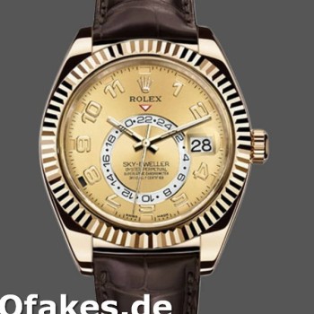 Super Clone Men's Rolex Sky-Dweller 42mm Men's-326138-Champagne Arabic Dial-Yellow Gold Champagne