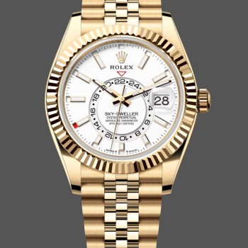 Super Clone Men's Rolex Sky‑Dweller 42-M336938 0006, Yellow Gold, GMT, White Dial, Jubilee Style, Men’s White