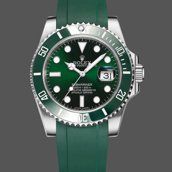 Super Clone Men's Rolex Submariner 41mm Men's-126610LV-Green Rubber Strap-Black Dial Black